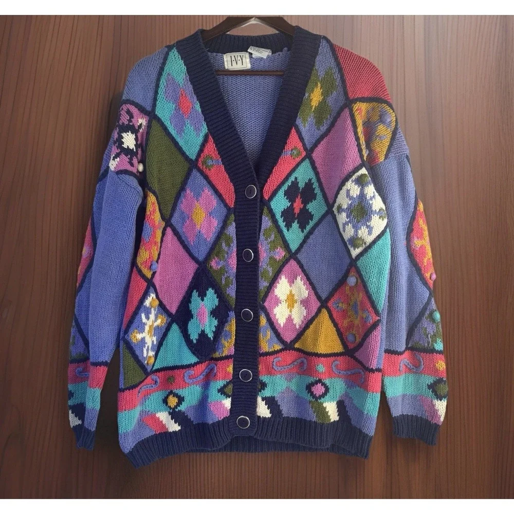Vintage 80s Cardigan Bright 3D Colorful L Cotton/Ramie Floral Argyle Dopamine